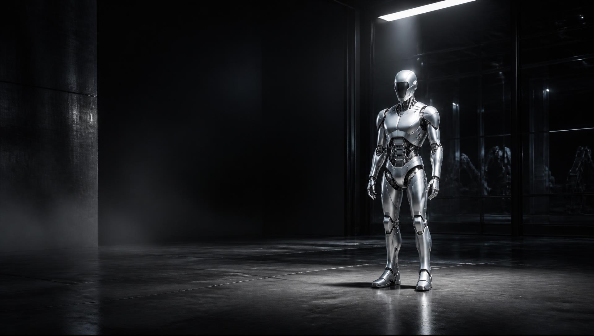 Polished humanoid robot standing in a precision manufacturing facility
